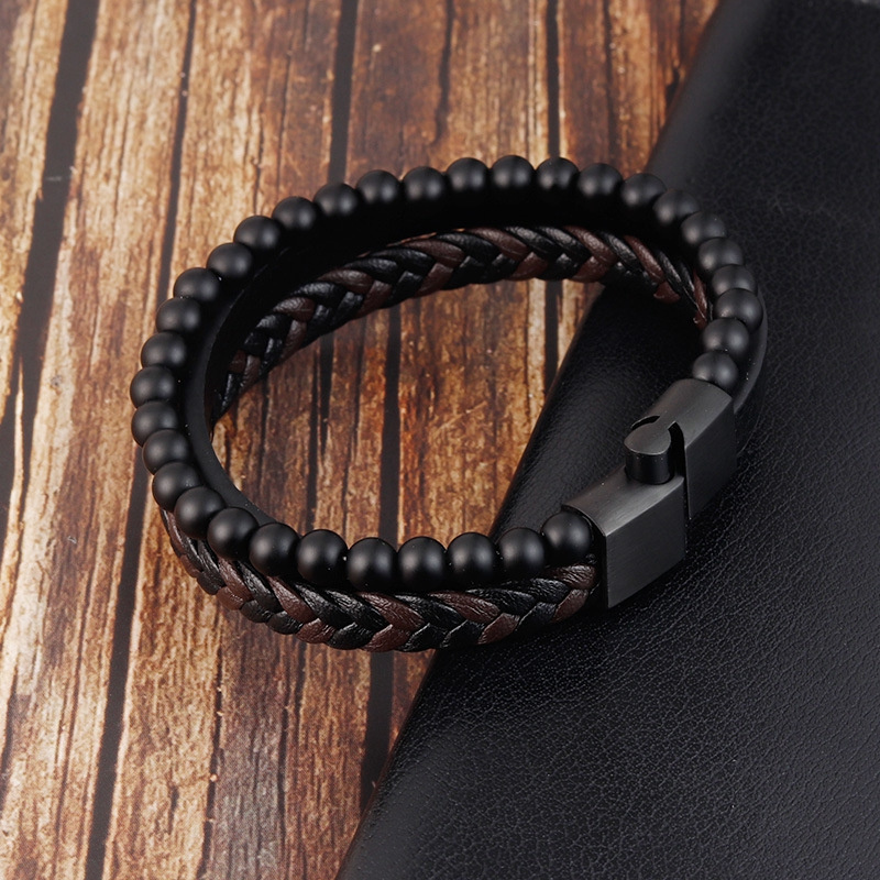 Hot Sales Multi Layered Lava Beads Wrap Wristbands Stainless Steel Buckle Braided Leather Bracelet Men