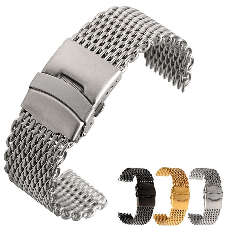 Thick Shark Mesh Stainless Steel Watch Bracelet Milanese Metal Band Watch Strap With Safety Buckle