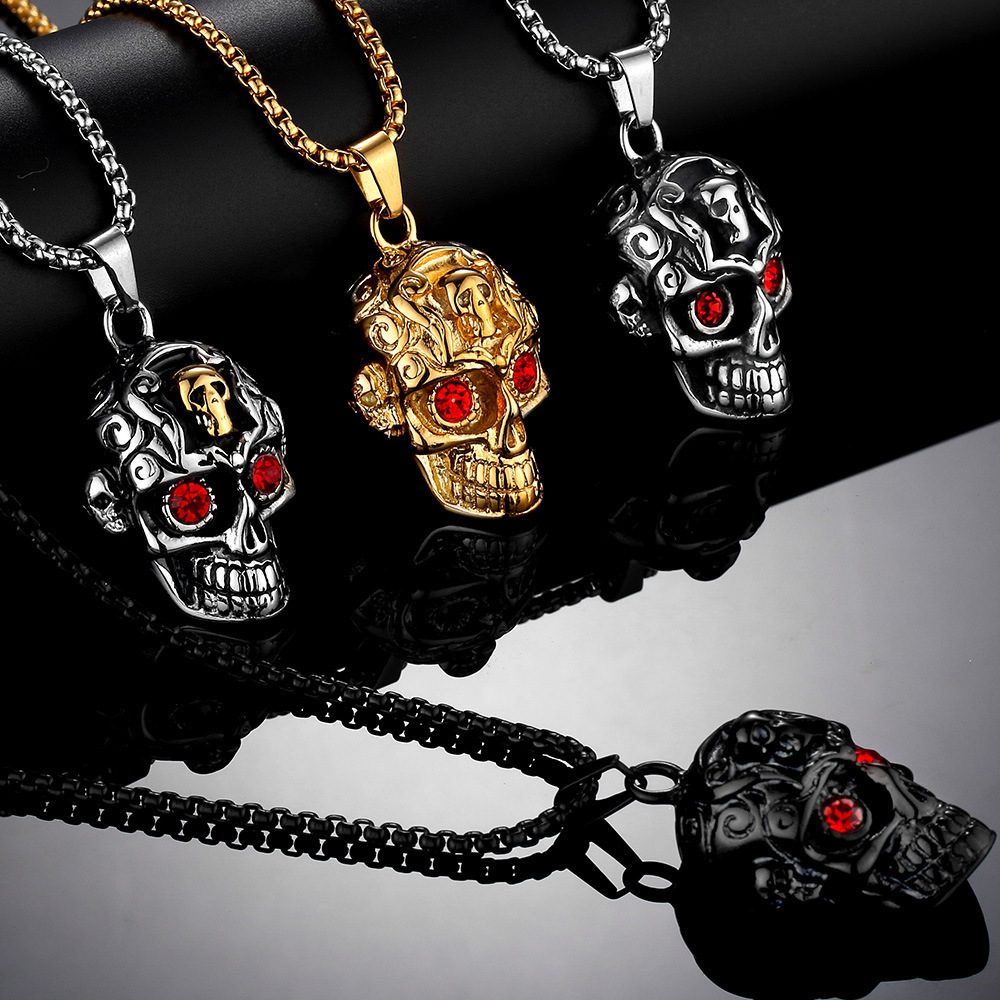 Punk Cheap Mens Stainless Steel Casting Red Crystal   Skull Pendant for man women charm jewelry