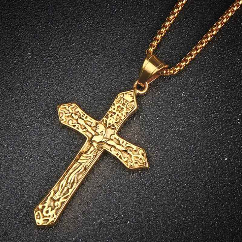 Titanium Steel Jesus Cross Necklace Pendant Christ Amulet Stainless Steel Cross Men's Necklace Religious Jewelry