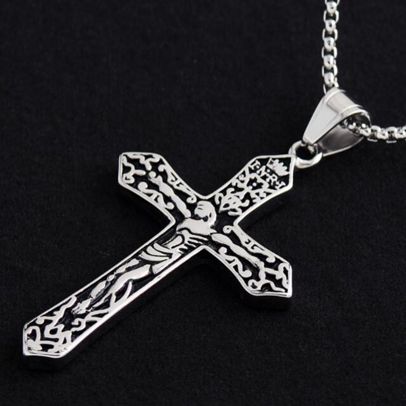 Titanium Steel Jesus Cross Necklace Pendant Christ Amulet Stainless Steel Cross Men's Necklace Religious Jewelry