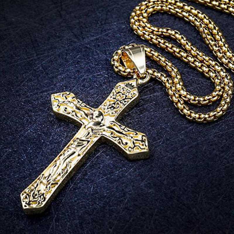 Titanium Steel Jesus Cross Necklace Pendant Christ Amulet Stainless Steel Cross Men's Necklace Religious Jewelry