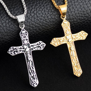 Titanium Steel Jesus Cross Necklace Pendant Christ Amulet Stainless Steel Cross Men's Necklace Religious Jewelry