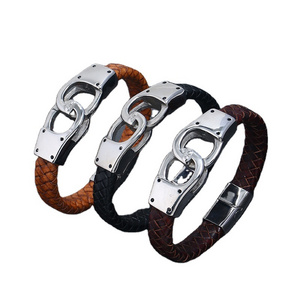 Custom  domineering Stainless steel Lock handcuffs black leather bracelet men's Genuine Jewelry