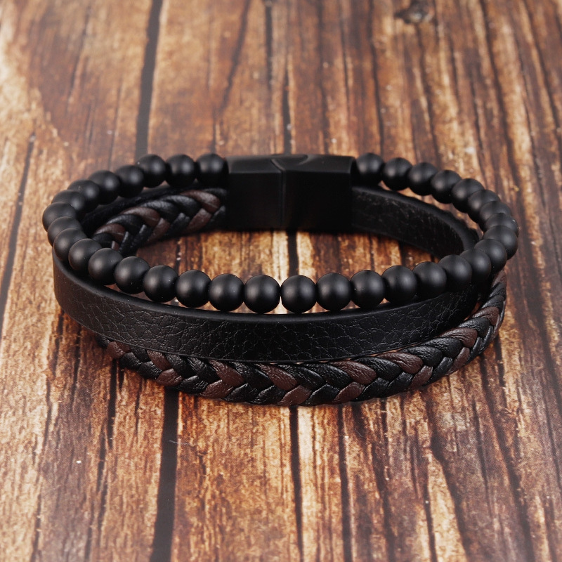 Hot Sales Multi Layered Lava Beads Wrap Wristbands Stainless Steel Buckle Braided Leather Bracelet Men