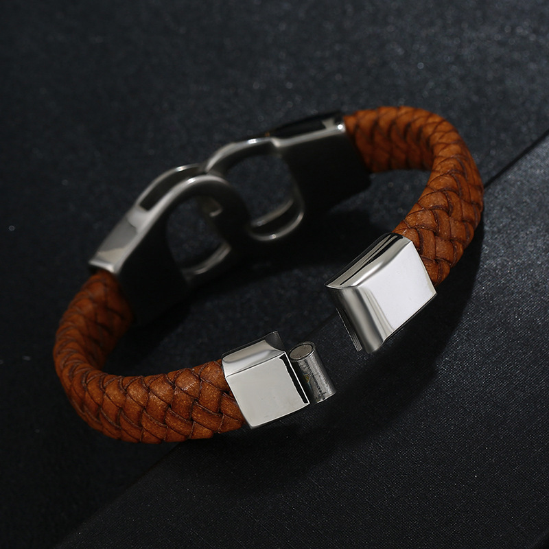 Custom  domineering Stainless steel Lock handcuffs black leather bracelet men's Genuine Jewelry