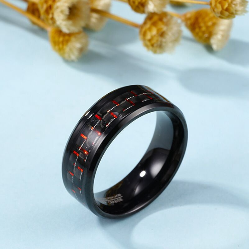 Mens High Polished Inlay Red Carbon Fibre Wholesale Black Tungsten Rings For Party