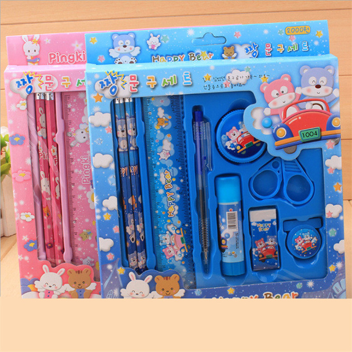 Advertising Gift promotional korean Latest best selling girls school cartoon fashion wooden pencils and erasers stationery set