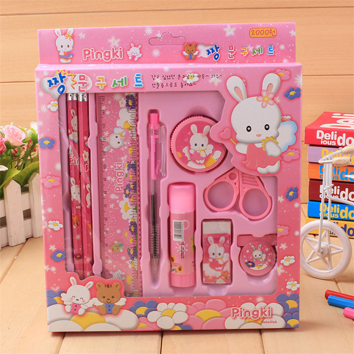 Advertising Gift promotional korean Latest best selling girls school cartoon fashion wooden pencils and erasers stationery set