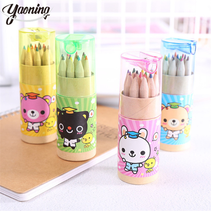 Bulk quantity stock stationery school supplies Promotional gifts colour pencils set for kids,12 colors cute short colored pencil