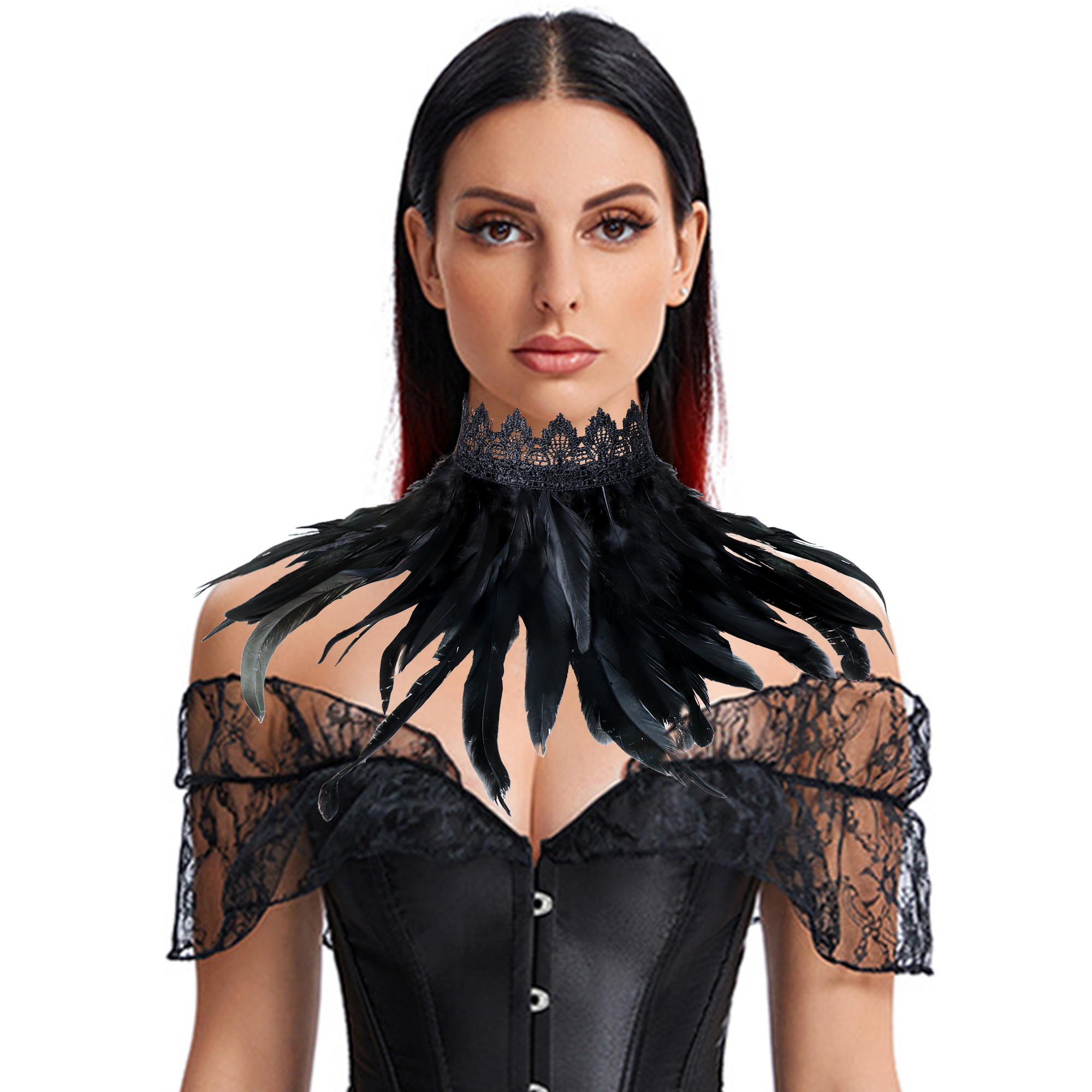 Lace Faux Feather Choker Scarf Gothic Neck Wrap Lace Collar Halloween Party Y2K Costume Cosplay Accessories Neck Scarf