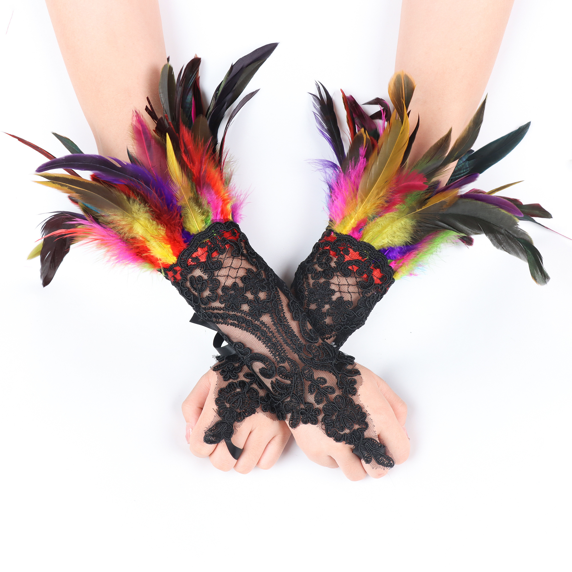 Women's Feather Gloves Gothic Feather Bracelet with Rhinestones Fingerless Long Gloves Vintage Lace Feather Bracelet