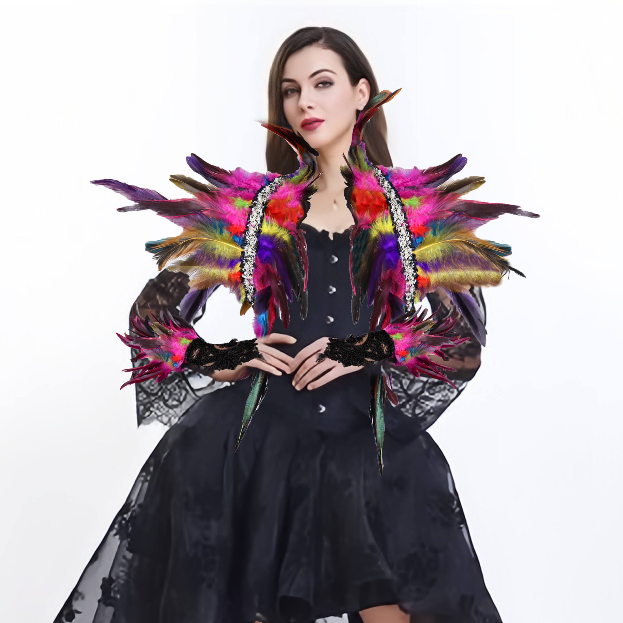 Gothic Style Feather Shawl Cape With Rooster Feather Decoration For Party, Dancing And Performance