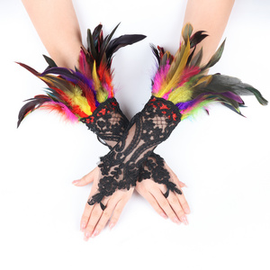 Women's Feather Gloves Gothic Feather Bracelet with Rhinestones Fingerless Long Gloves Vintage Lace Feather Bracelet