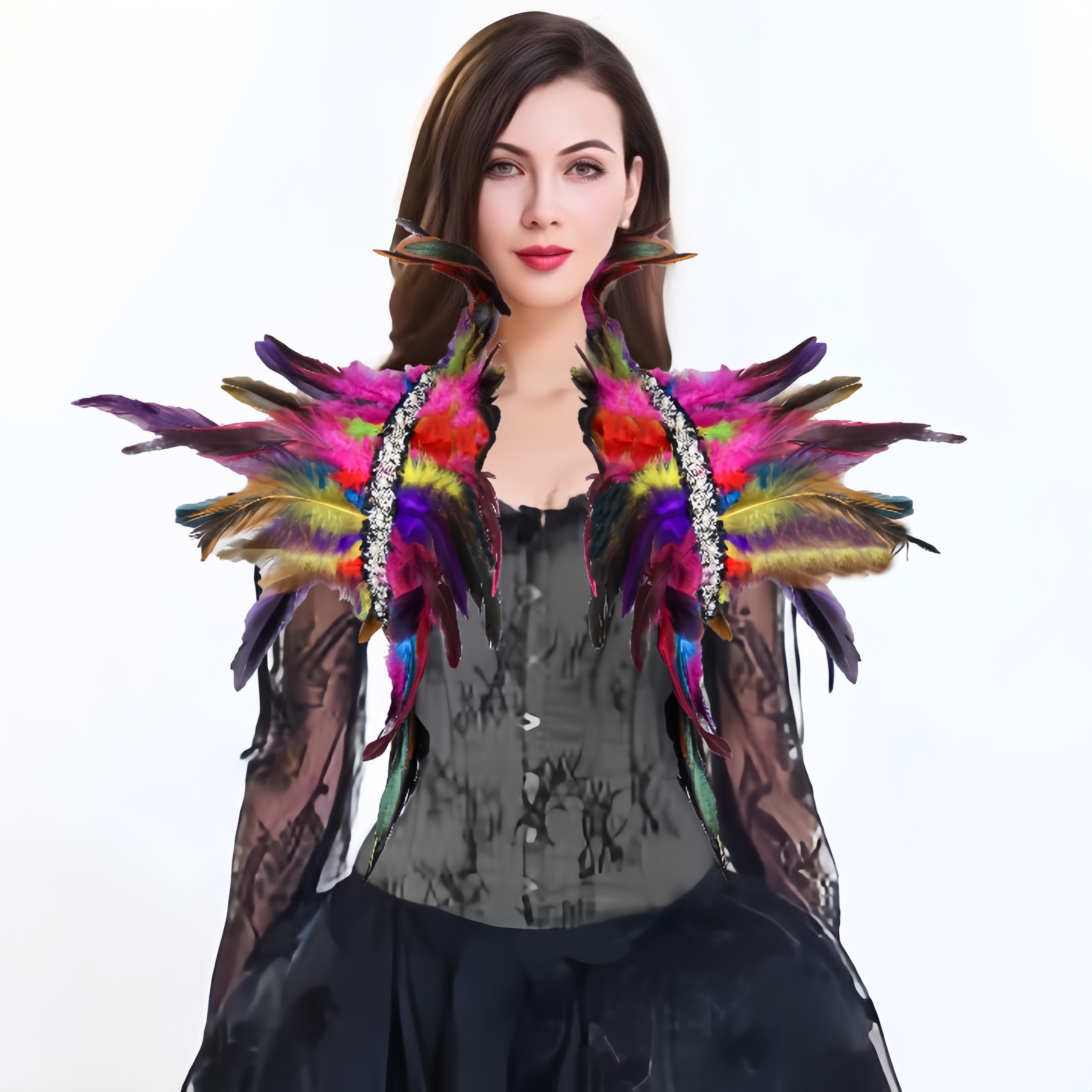 Gothic Style Feather Shawl Cape With Rooster Feather Decoration For Party, Dancing And Performance