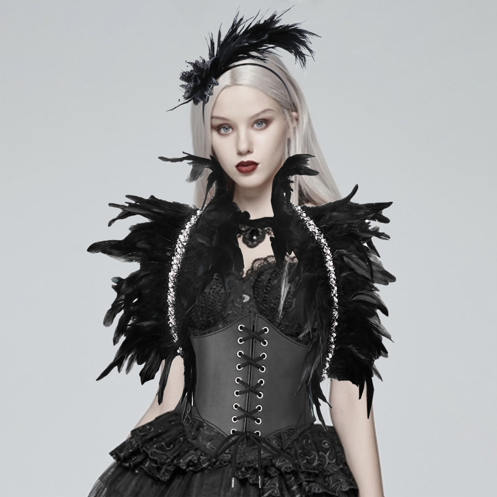 Gothic Style Feather Shawl Cape With Rooster Feather Decoration For Party, Dancing And Performance