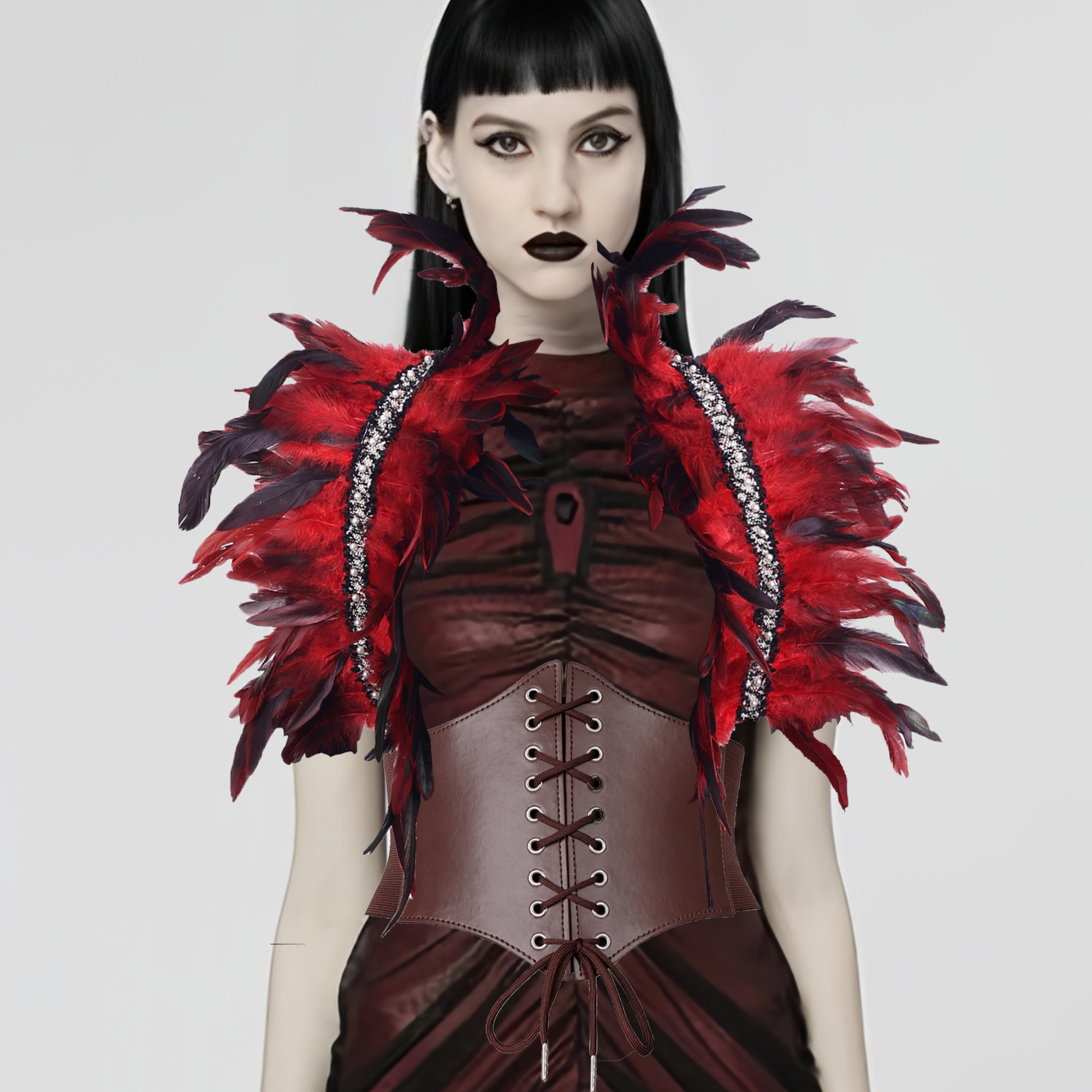 Gothic Style Feather Shawl Cape With Rooster Feather Decoration For Party, Dancing And Performance