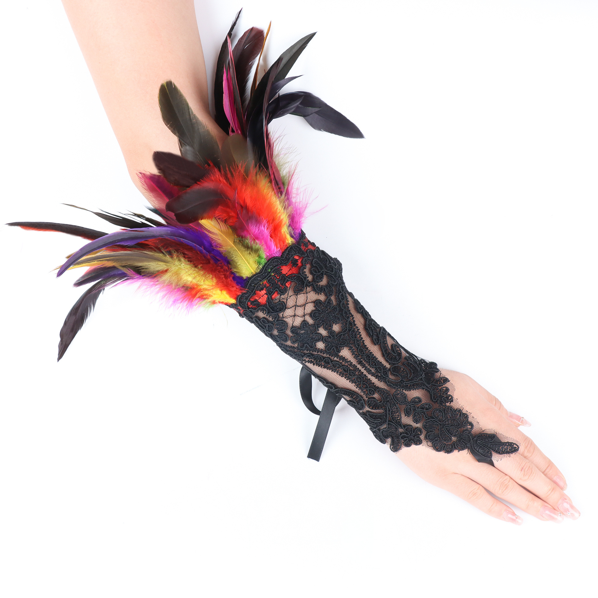 Women's Feather Gloves Gothic Feather Bracelet with Rhinestones Fingerless Long Gloves Vintage Lace Feather Bracelet