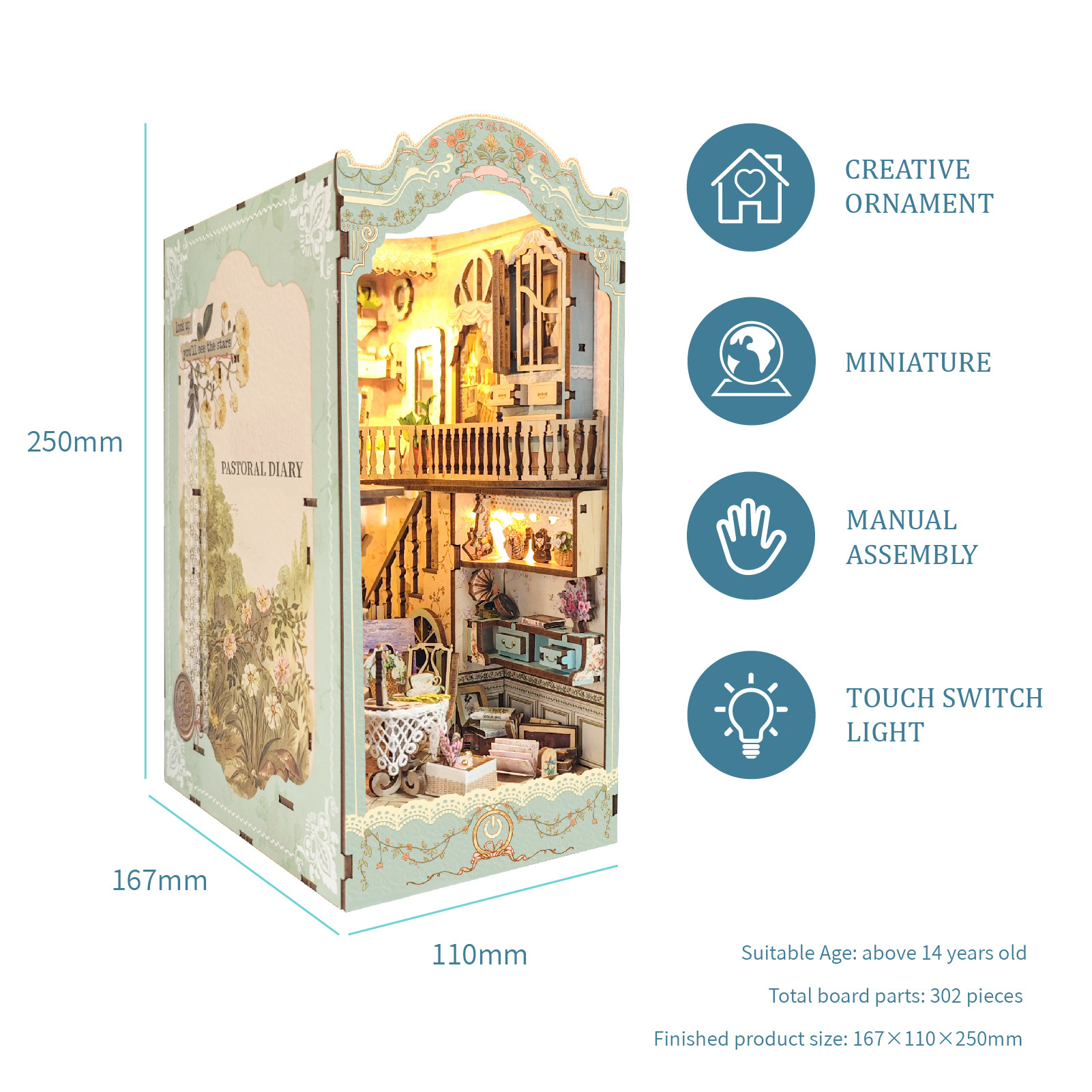 DIY Book Nook Kit Miniature Book Nook with Light Model Building Adults for Christmas Decoration (Countryside Diary)