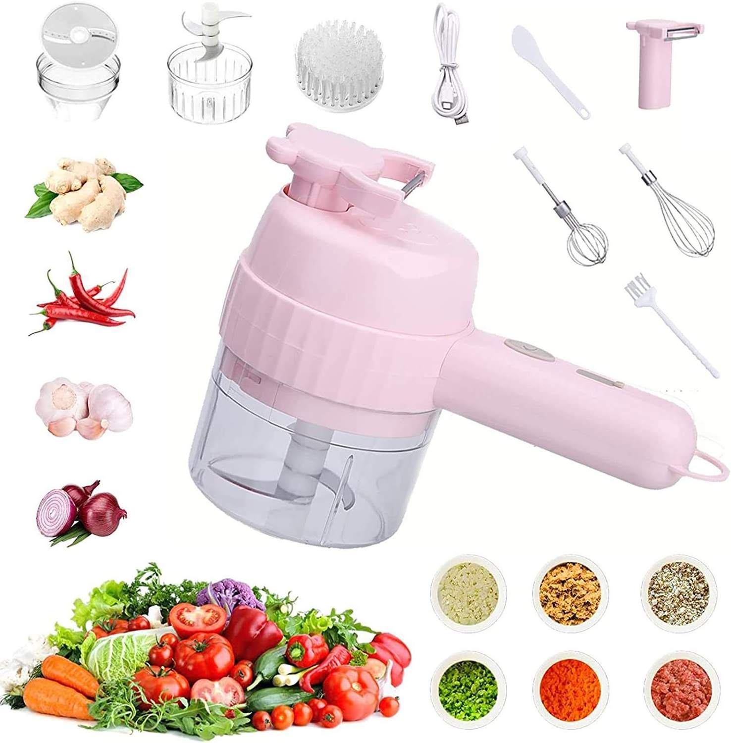 Electric Vegetable Cutter 4 In 1 Handheld Durable Chili Garlic Crusher Ginger Masher Meat Crushe Slicer Kitchen Chopper Tool Set