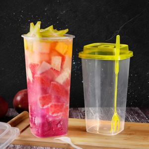 Wholesale custom PP square plastic cups with lids and fork drink disposable cup