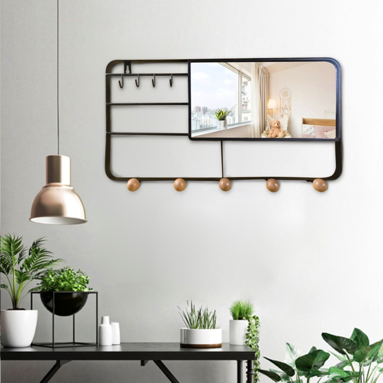 Decoration Metal Black Iron Metal Frame Hanging Arch Custom Mirror Wall Mount Coat Hanger Display Hooks Key Rack with Mirror