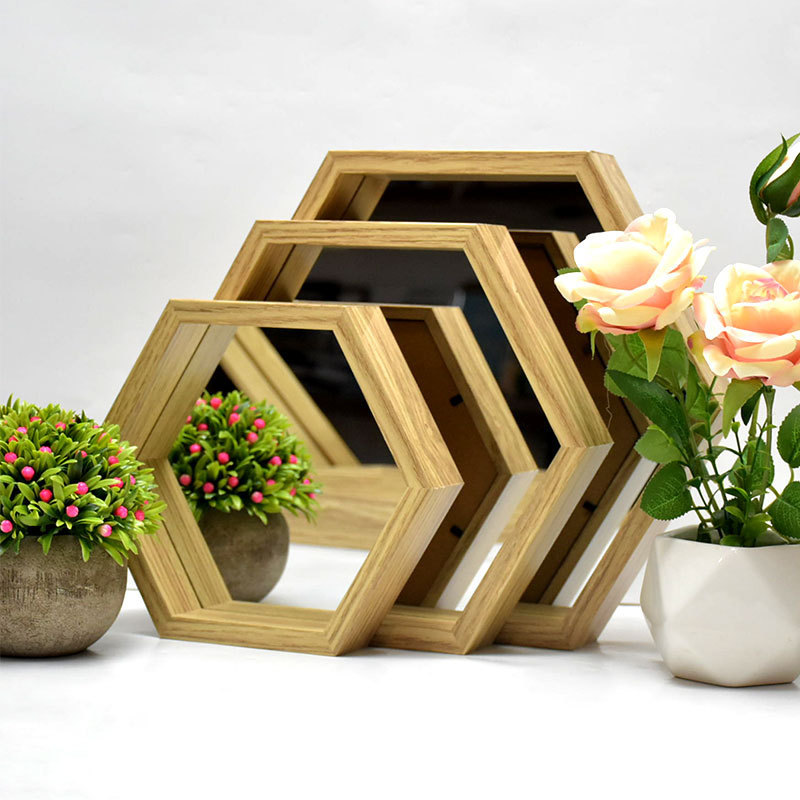 High Quality Decorative Entrance Wall Wooden Mirror Frame Hanging Hexagonal In Bedroom