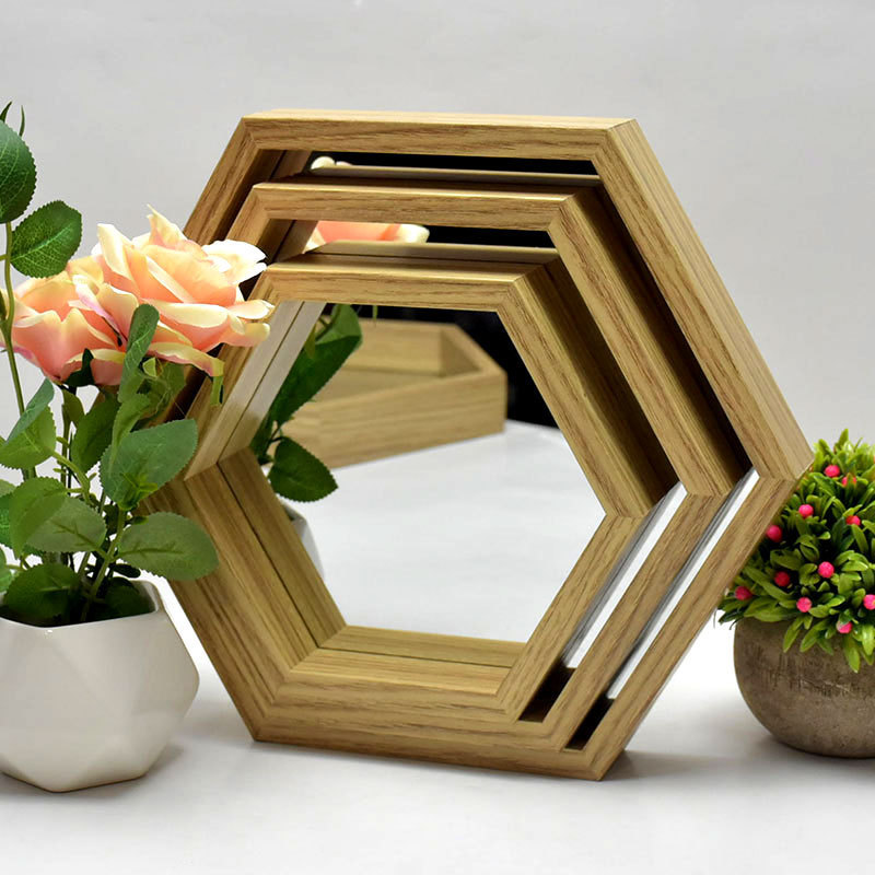 High Quality Decorative Entrance Wall Wooden Mirror Frame Hanging Hexagonal In Bedroom