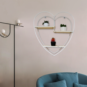 Modern Wooden Shower Shelf Wall Mounted Storage Organizer Rack and Metal Decorative Heart Shape Floating Wall Storage Shelves