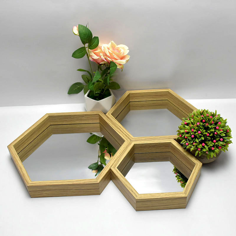 High Quality Decorative Entrance Wall Wooden Mirror Frame Hanging Hexagonal In Bedroom