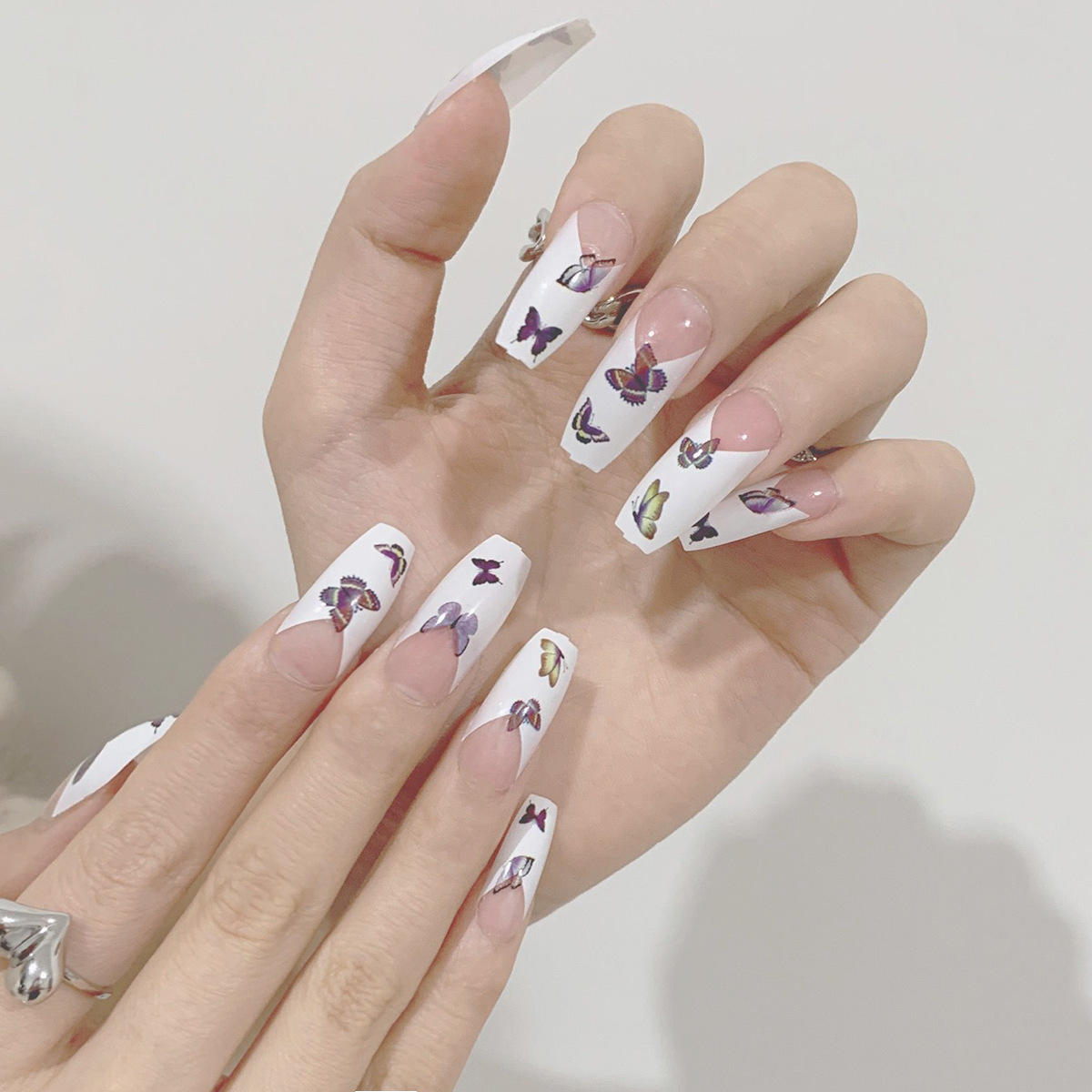 newest Ebay Full Cover Designed Press On Nails Fashion Ideas White French Butterfly Fake Nails Long Coffin Artificial Nail