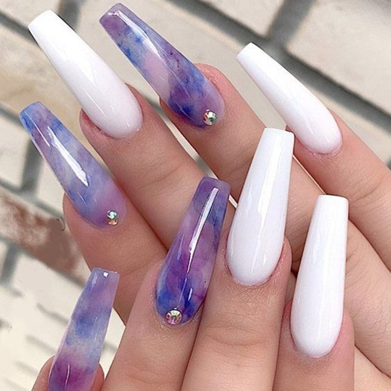 newest Ebay Full Cover Designed Press On Nails Fashion Ideas White French Butterfly Fake Nails Long Coffin Artificial Nail