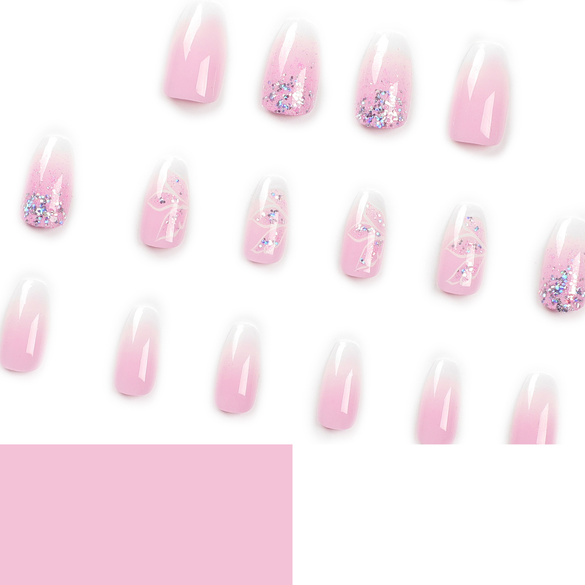 Wholesale 3D Gradient Pink Luxury Shining Glitter False Nails with Flower Medium Length Short Ballerina False Nails Press On