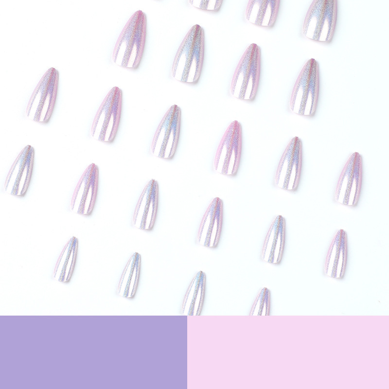 Wholesale Nail Supplies Thick Acrylic Press On Nails Aurora Glitter Powder Purple Short Almond Artificial Fingernail Custom Logo