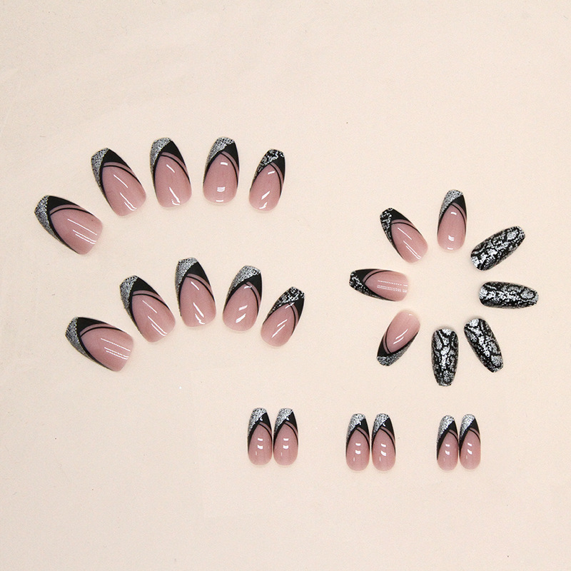 New Popular 3D Bright Silver Glitter Black Leopard Print Fake Nails 24PCS Medium Length Square Round French Artificial Nails