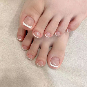 2023 Simple Design 24PCS/Set White Edge French Design 3D Nude Pink Abs Full Cover Short Toe Nails for Summer Vocation