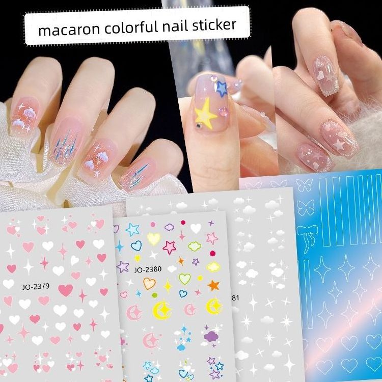 Cute Hollow Love Shiny Star Moon Cloud Shape Macaron Style Colorful Cute Shape 3D Nail Sticker Decals for Nail Salon