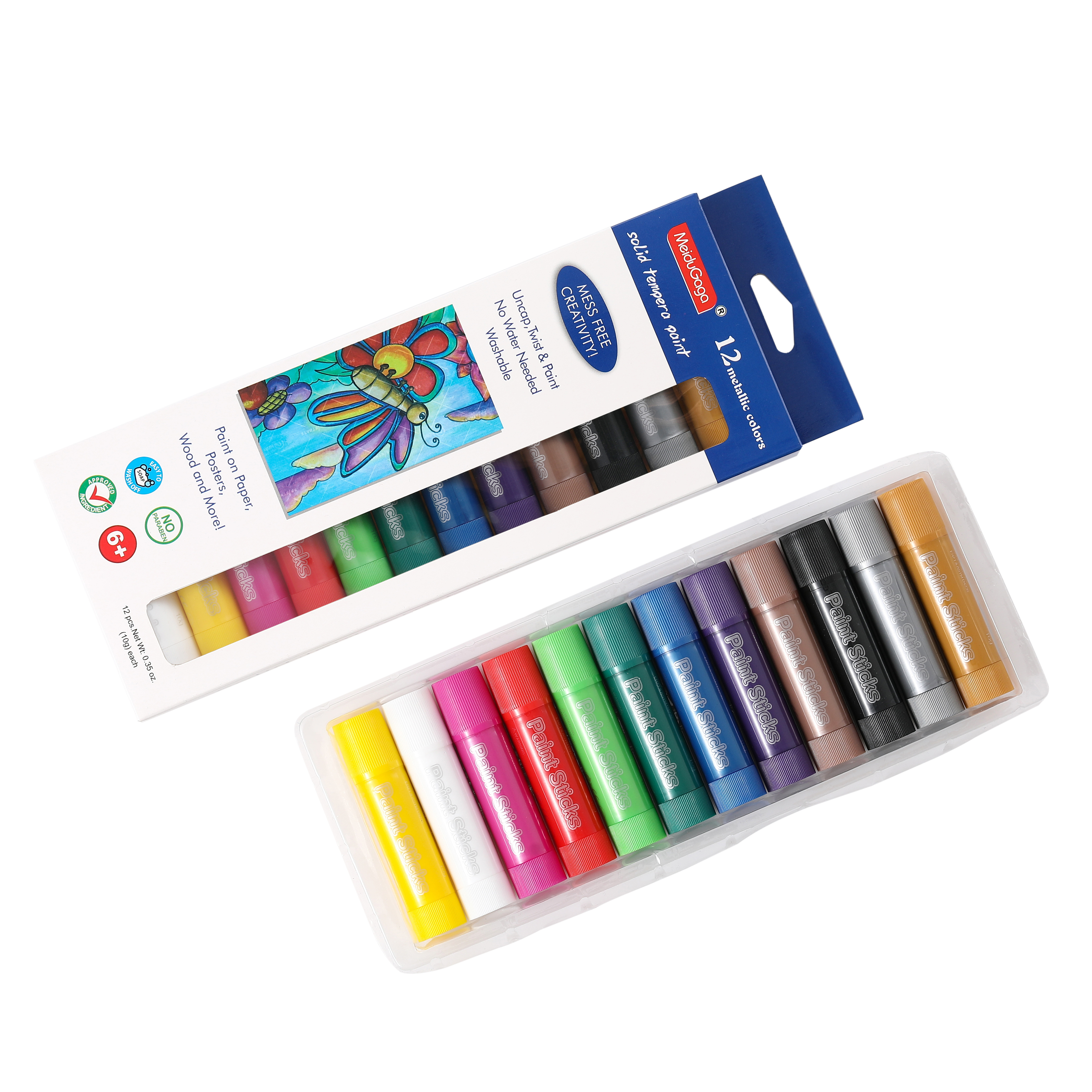 MeiduGaga 12 metallic colors non-toxic fast drying mess free no dirty friendly solid tempera paint sticks