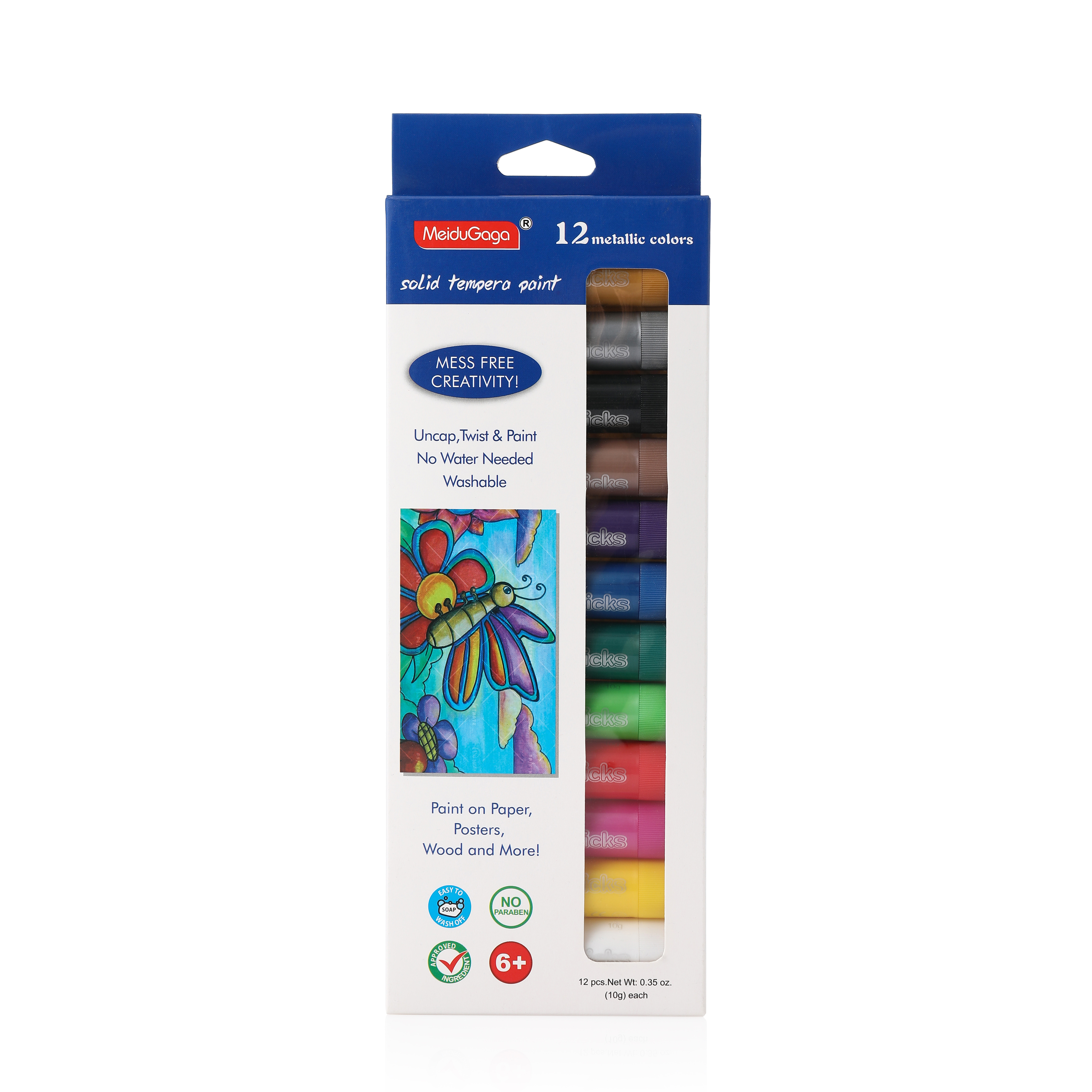 MeiduGaga 12 metallic colors non-toxic fast drying mess free no dirty friendly solid tempera paint sticks