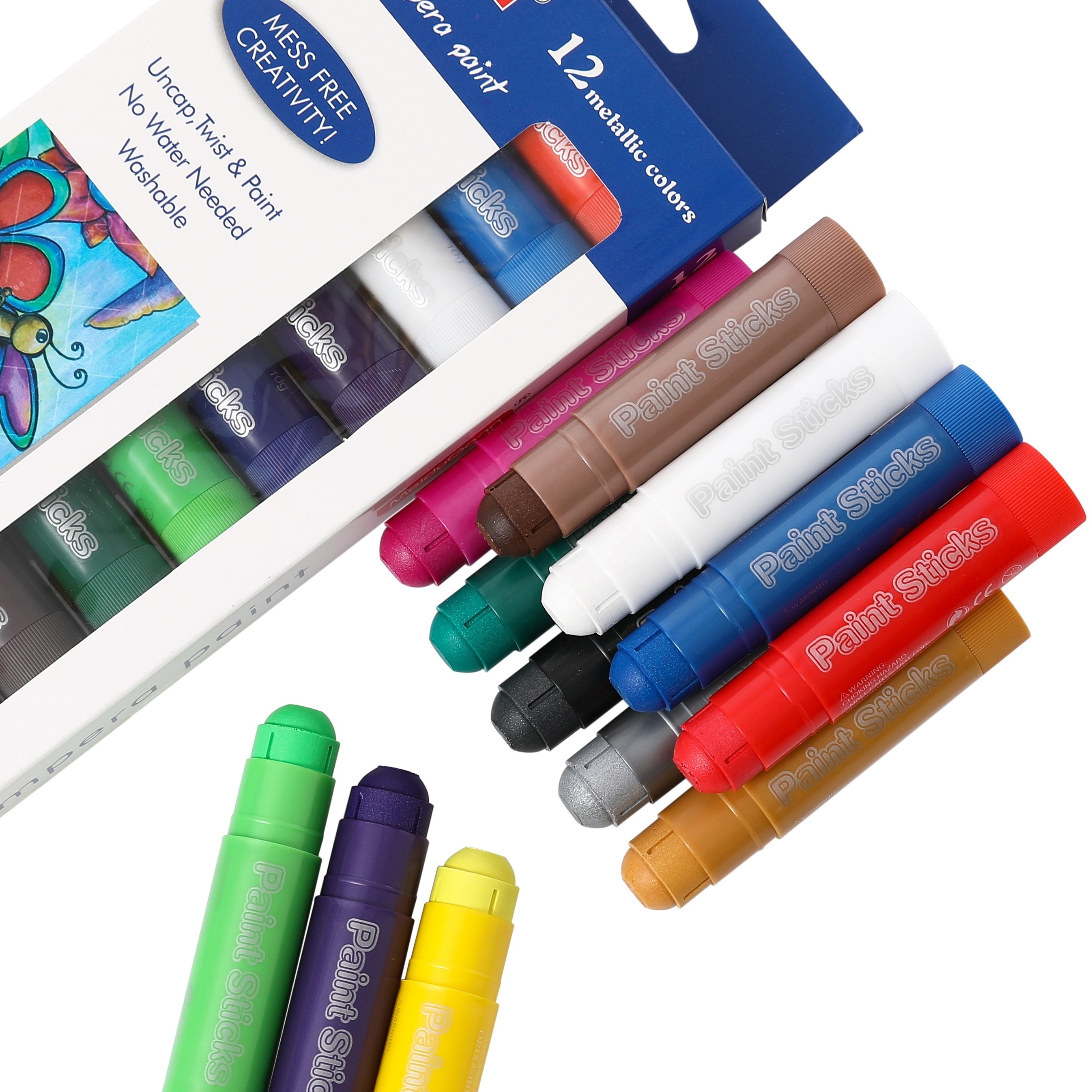 MeiduGaga 12 metallic colors non-toxic fast drying mess free no dirty friendly solid tempera paint sticks crayon