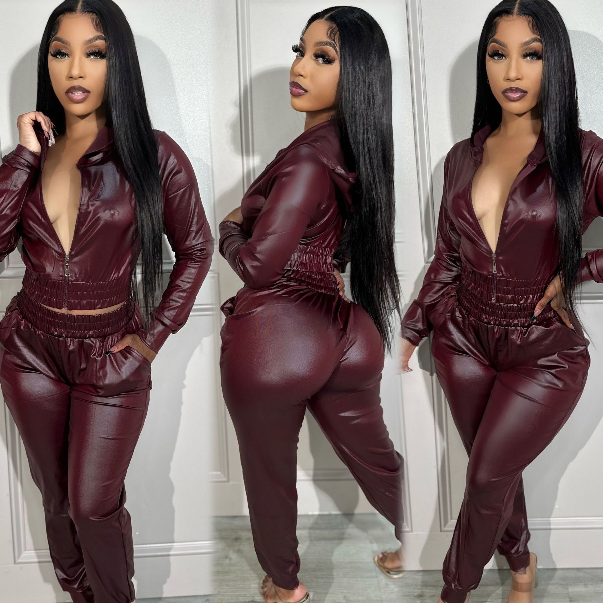 Yingchao 2023 Plus Size Fashion Hoodie Pu Leather Outfits Tracksuit Zipper Jacket High Waist Pant 2 Piece Sets Pant Set Women