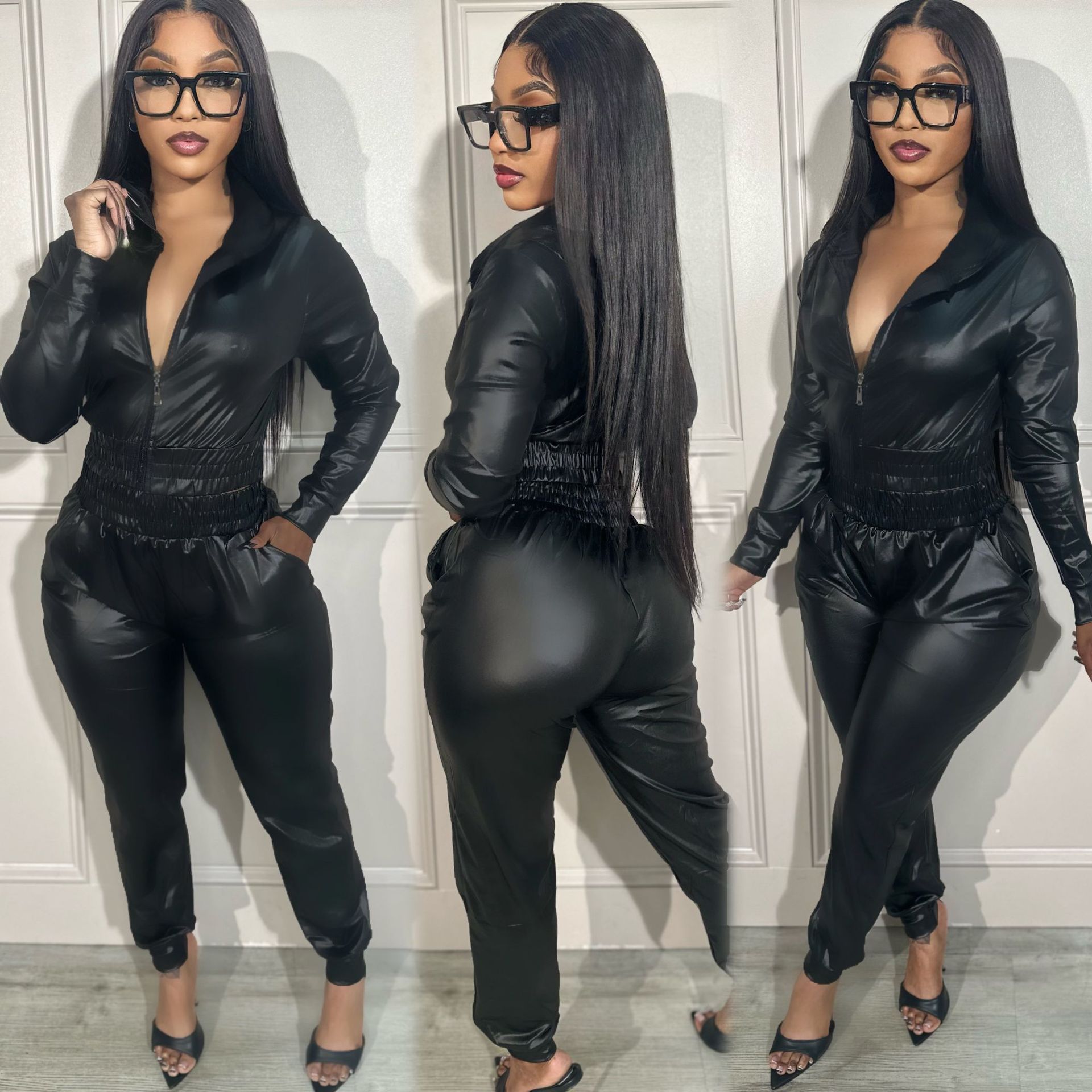 Yingchao 2023 Plus Size Fashion Hoodie Pu Leather Outfits Tracksuit Zipper Jacket High Waist Pant 2 Piece Sets Pant Set Women