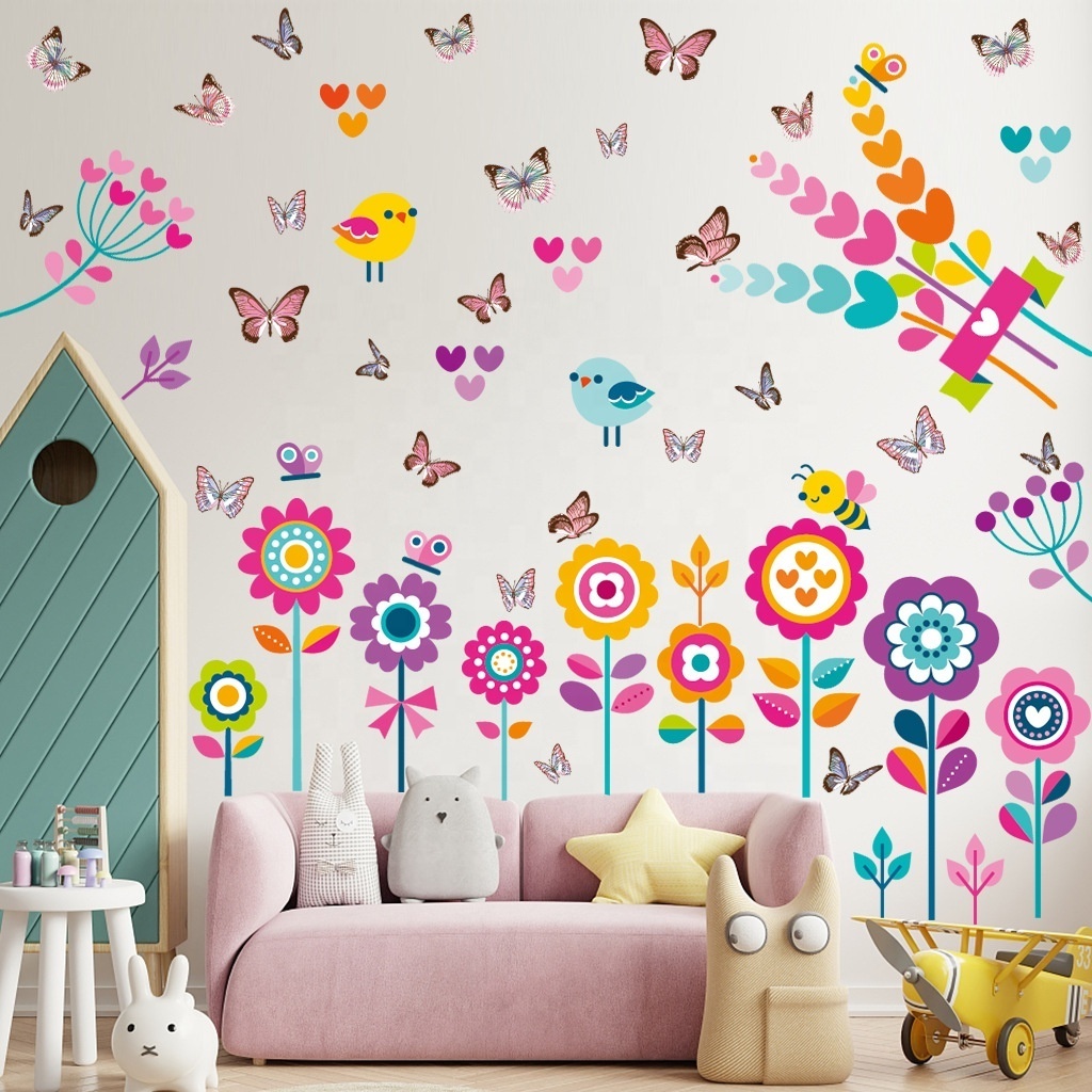 A Set Of 4 PVC Waterproof Wall Stickers Children's Room Decoration Sunflower Bird Cute Stickers Hoom Decoration