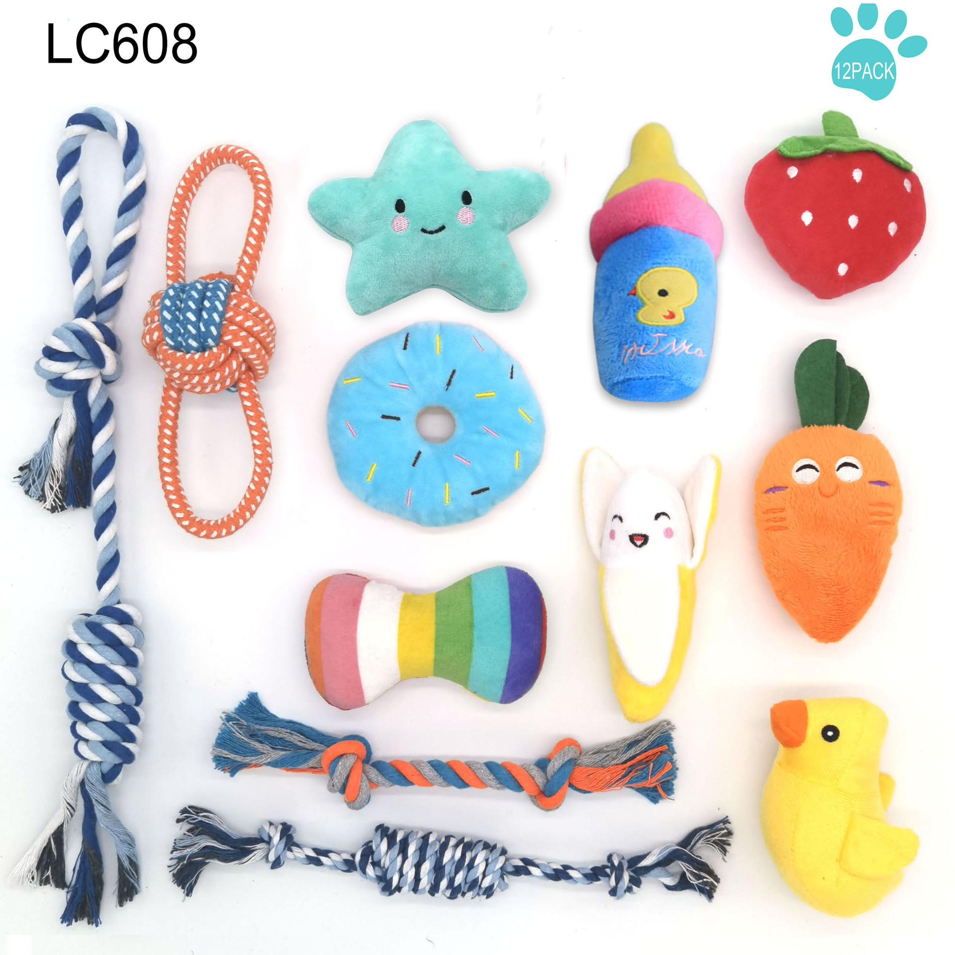 Custom cat pet dog chew toy 10 pack set ball rubber cotton rope squeaky dog toy