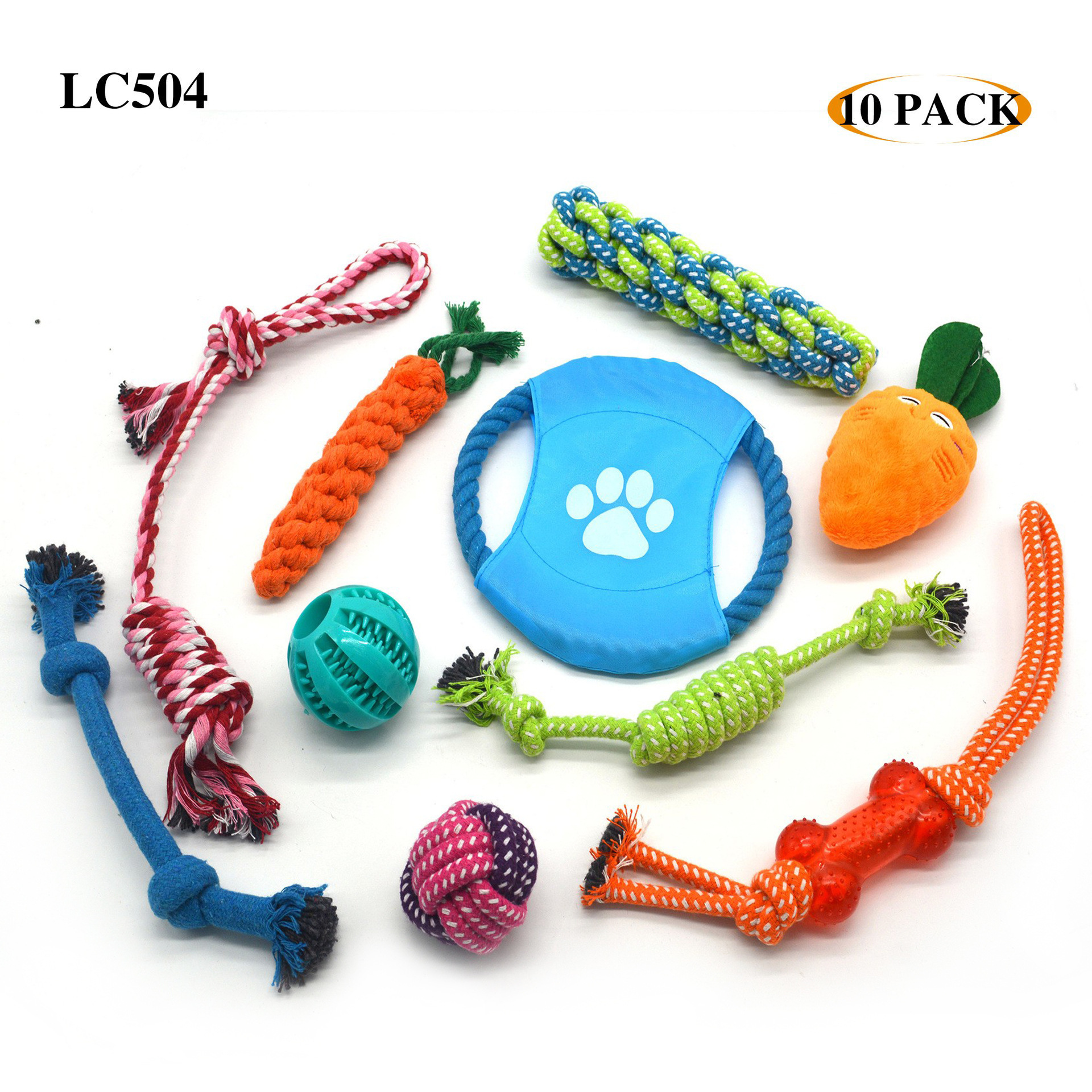 Custom cat pet dog chew toy 10 pack set ball rubber cotton rope squeaky dog toy