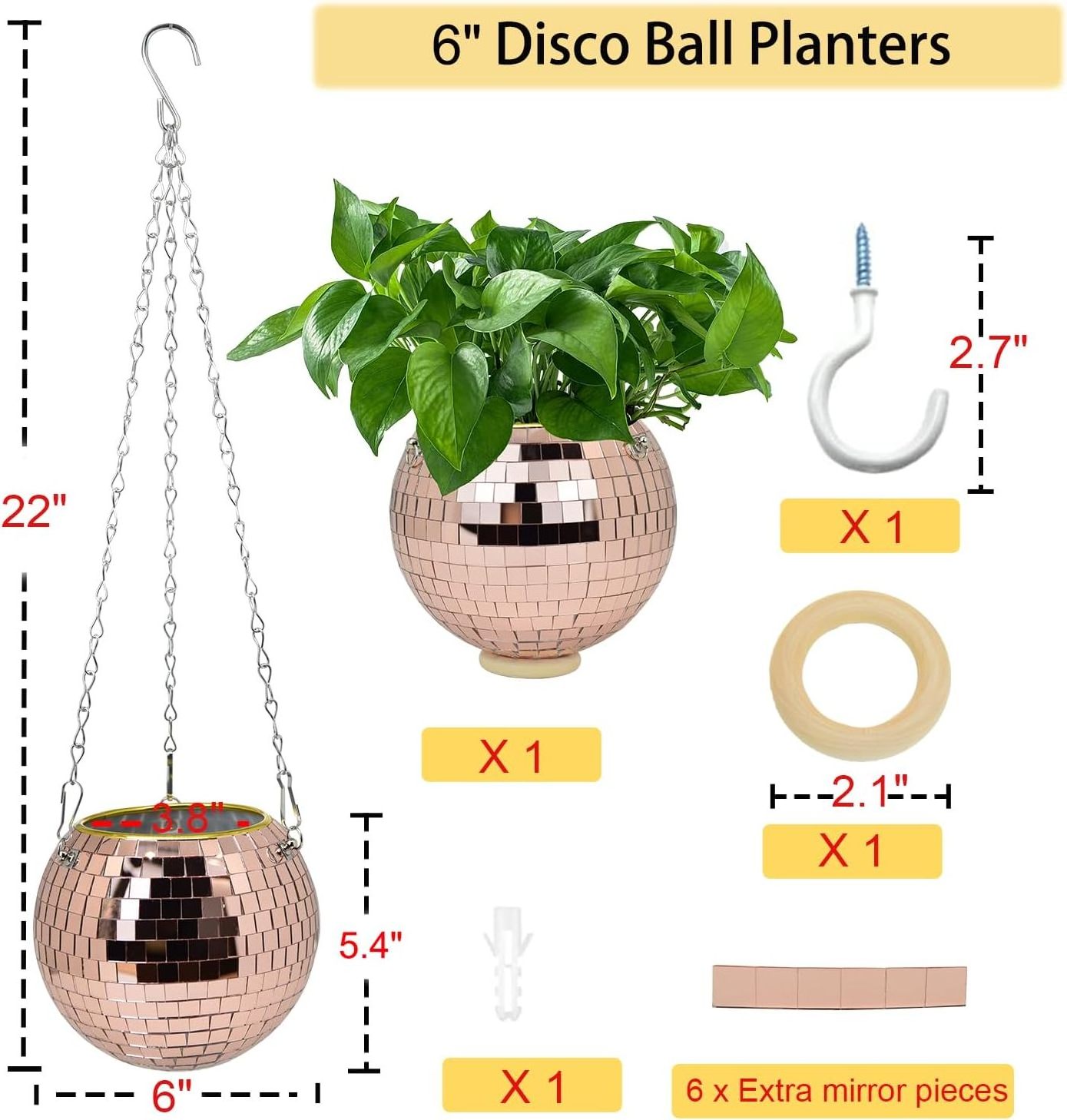 glitter ball hanging planter with Chain and Macrame Hanger Decoration For Home vase golden Rose gold diy disco ball planter