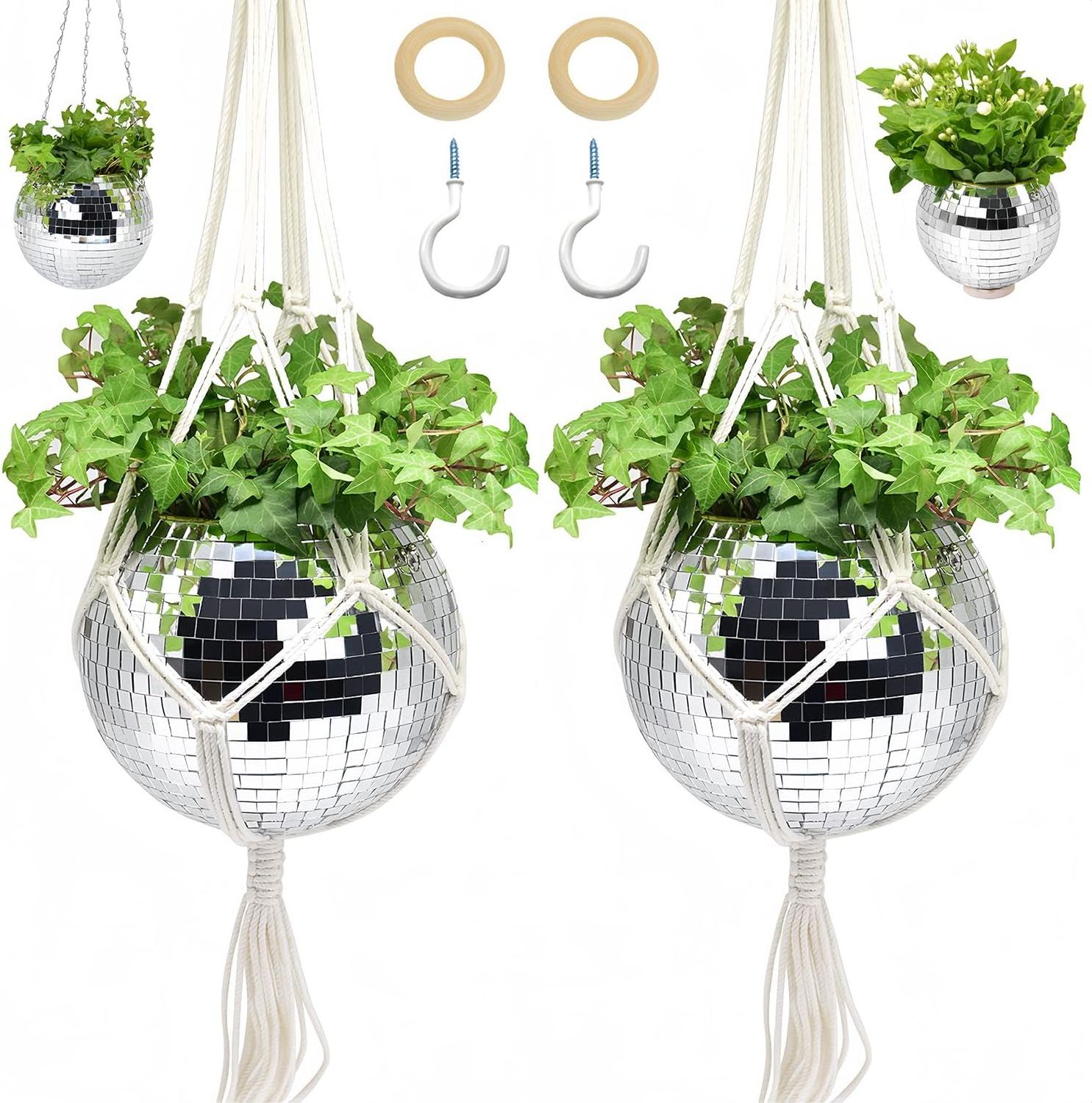 glitter ball hanging planter with Chain and Macrame Hanger Decoration For Home vase golden Rose gold diy disco ball planter