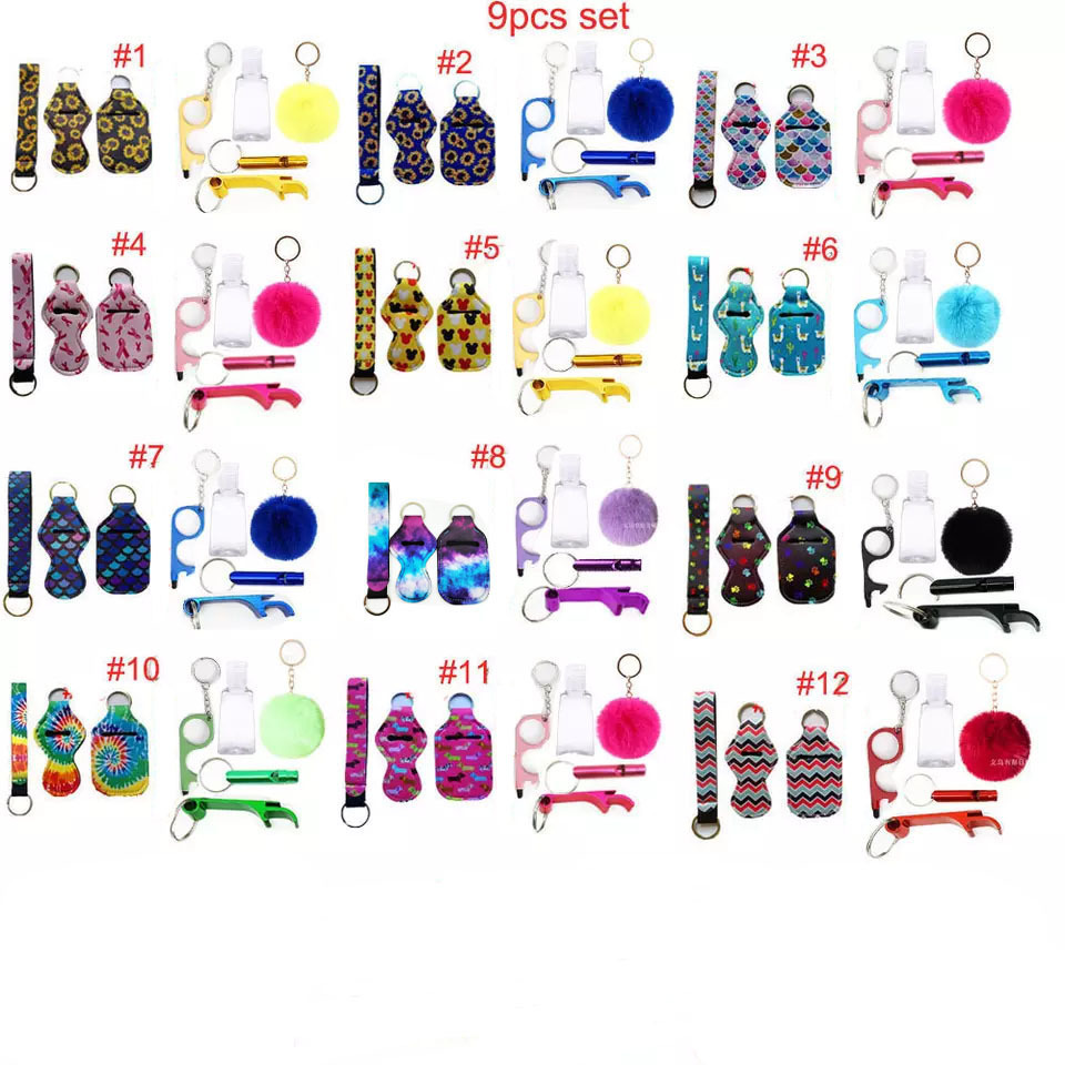 Neoprene Safety Keychains Sets Include Lipgloss Holder Hand Sanitizer Holder Wristlet Lanyard Pom Pom Window Breaker Keychain