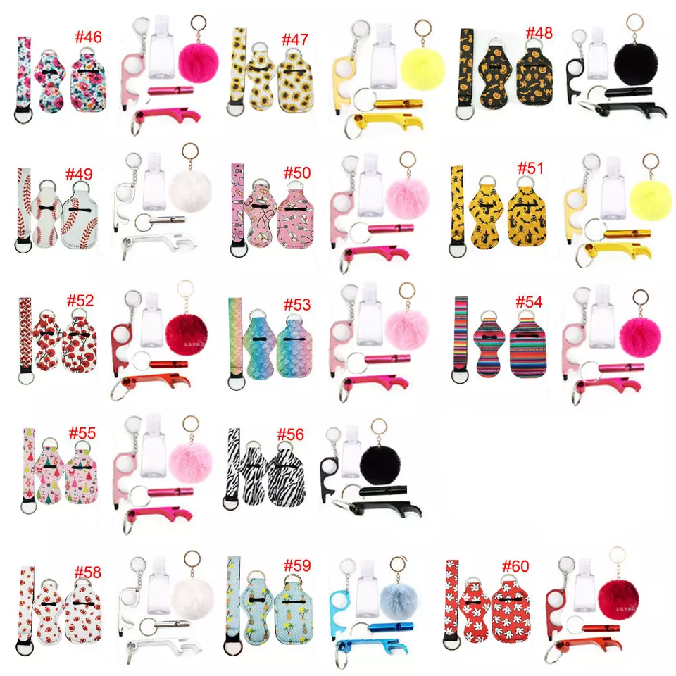 Neoprene Safety Keychains Sets Include Lipgloss Holder Hand Sanitizer Holder Wristlet Lanyard Pom Pom Window Breaker Keychain