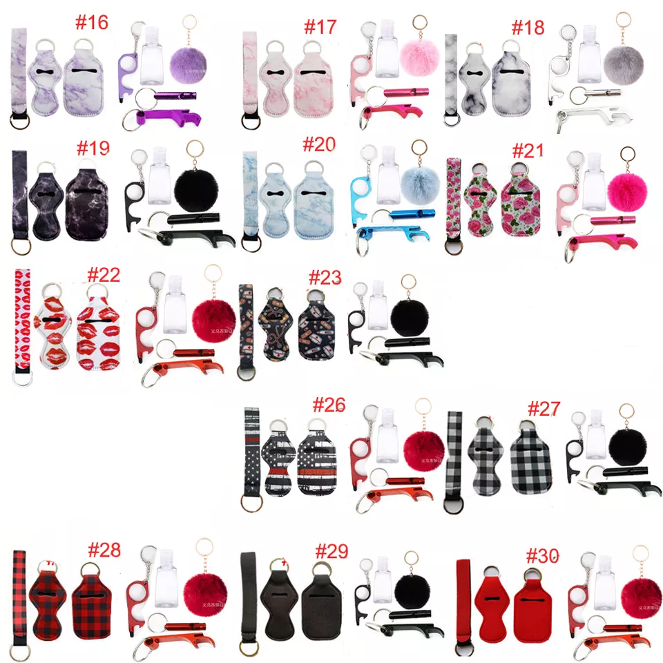 Neoprene Safety Keychains Sets Include Lipgloss Holder Hand Sanitizer Holder Wristlet Lanyard Pom Pom Window Breaker Keychain